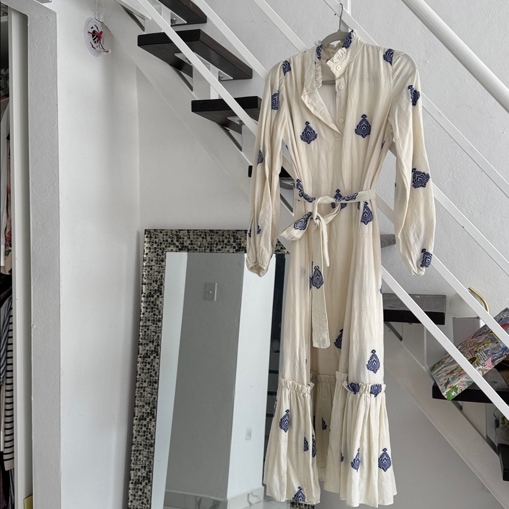 White Maxi Dress with Blue Pattern